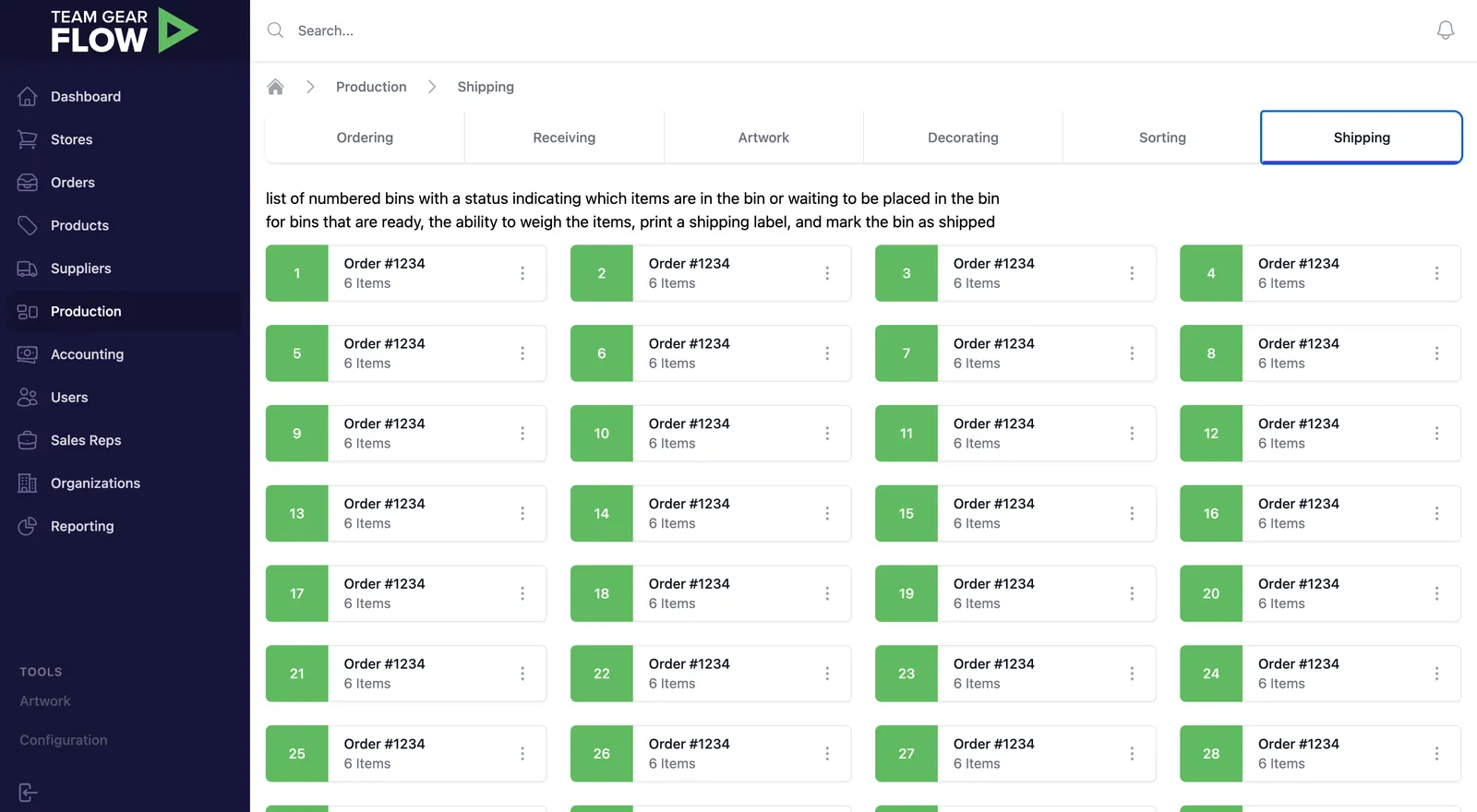 Team Gear Flow Production to Shipping view showing a grid of numbered shipping bins for order fulfillment