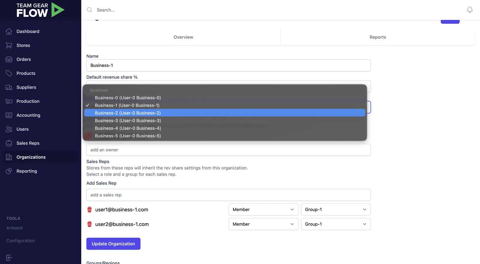 Team Gear Flow Organizations admin screen showing org settings, default revenue share, and sales rep assignments