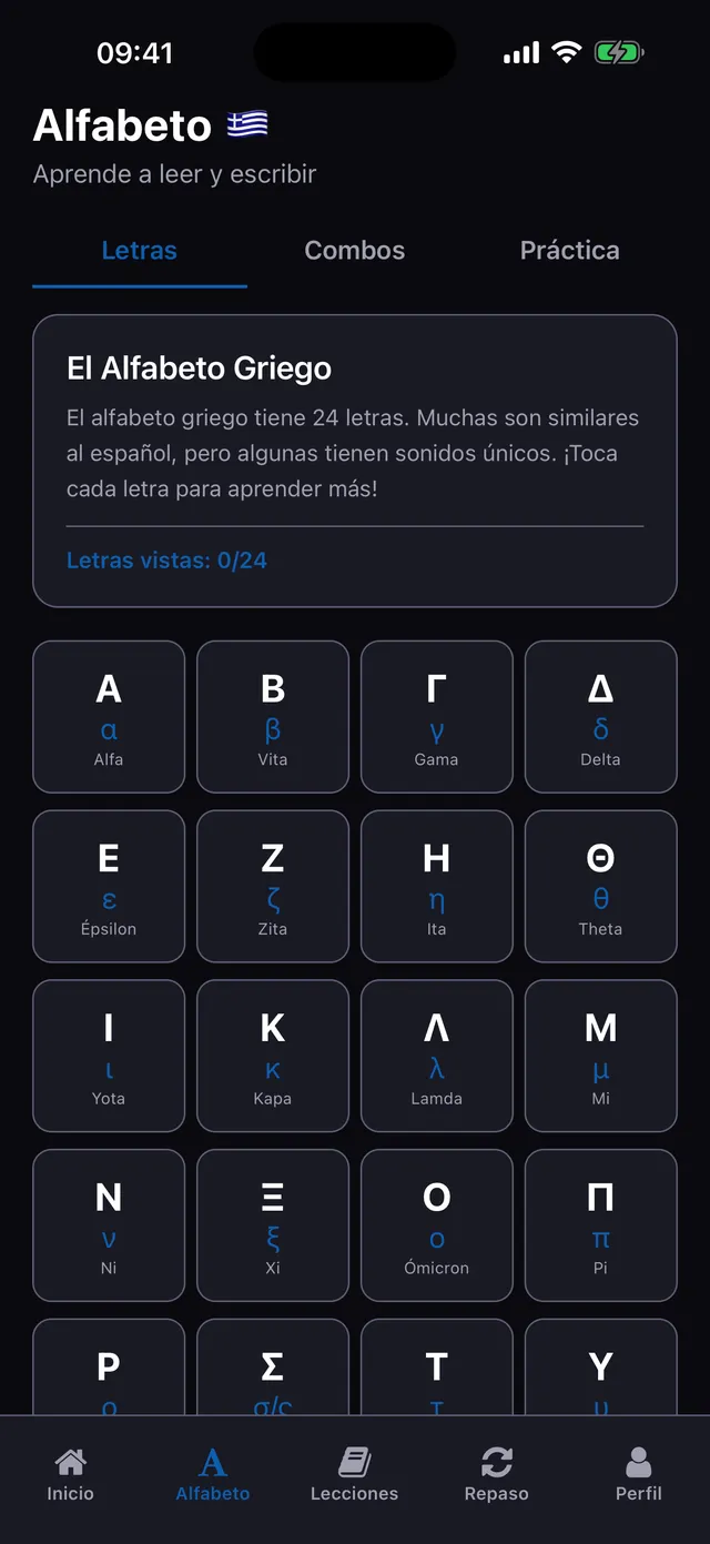 Alfabeto tab showing the Greek alphabet grid with letter names and pronunciation, UI in Spanish