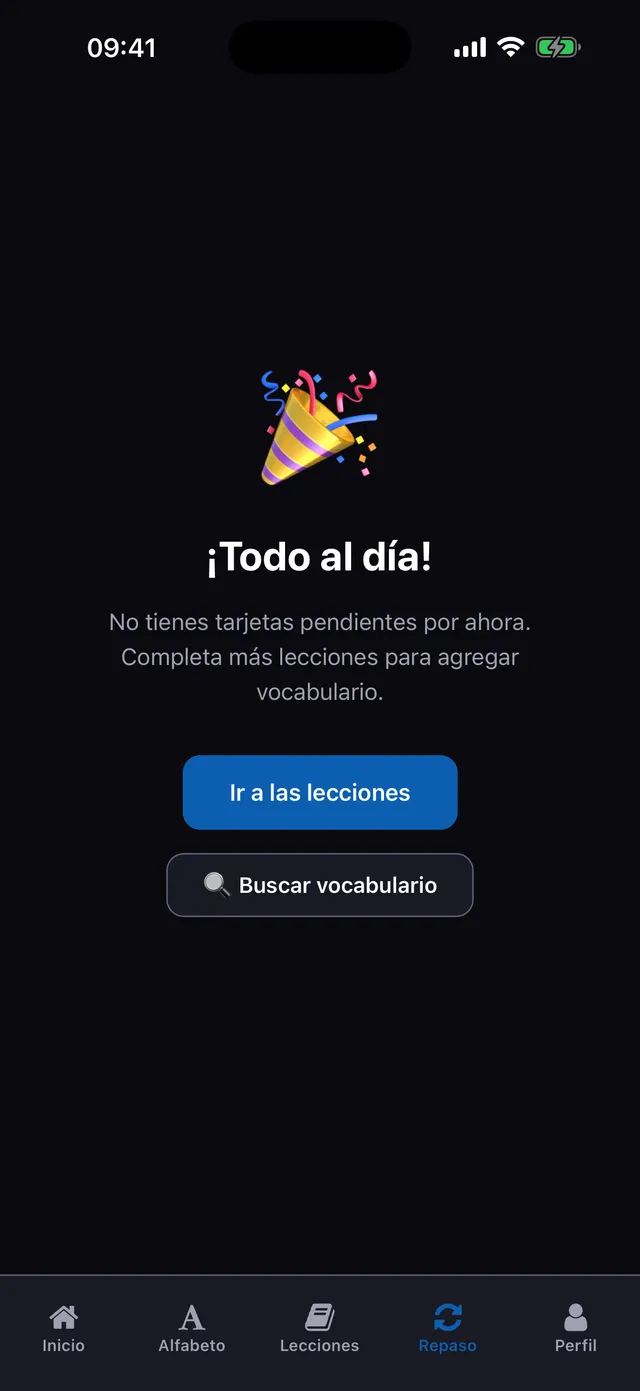 Repaso tab showing the spaced-repetition review queue in its empty all-caught-up state, UI in Spanish
