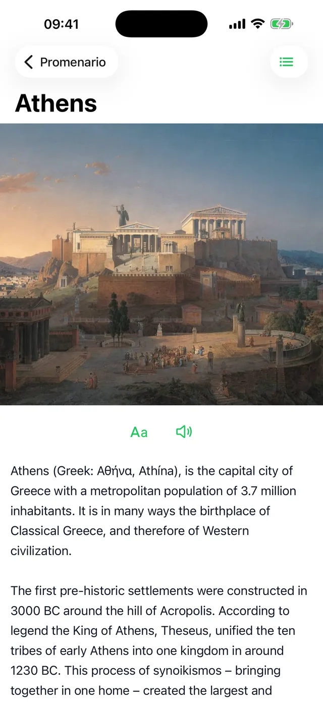Promenario app Athens city detail screen with hero artwork, text-size and audio narration controls, and a city description