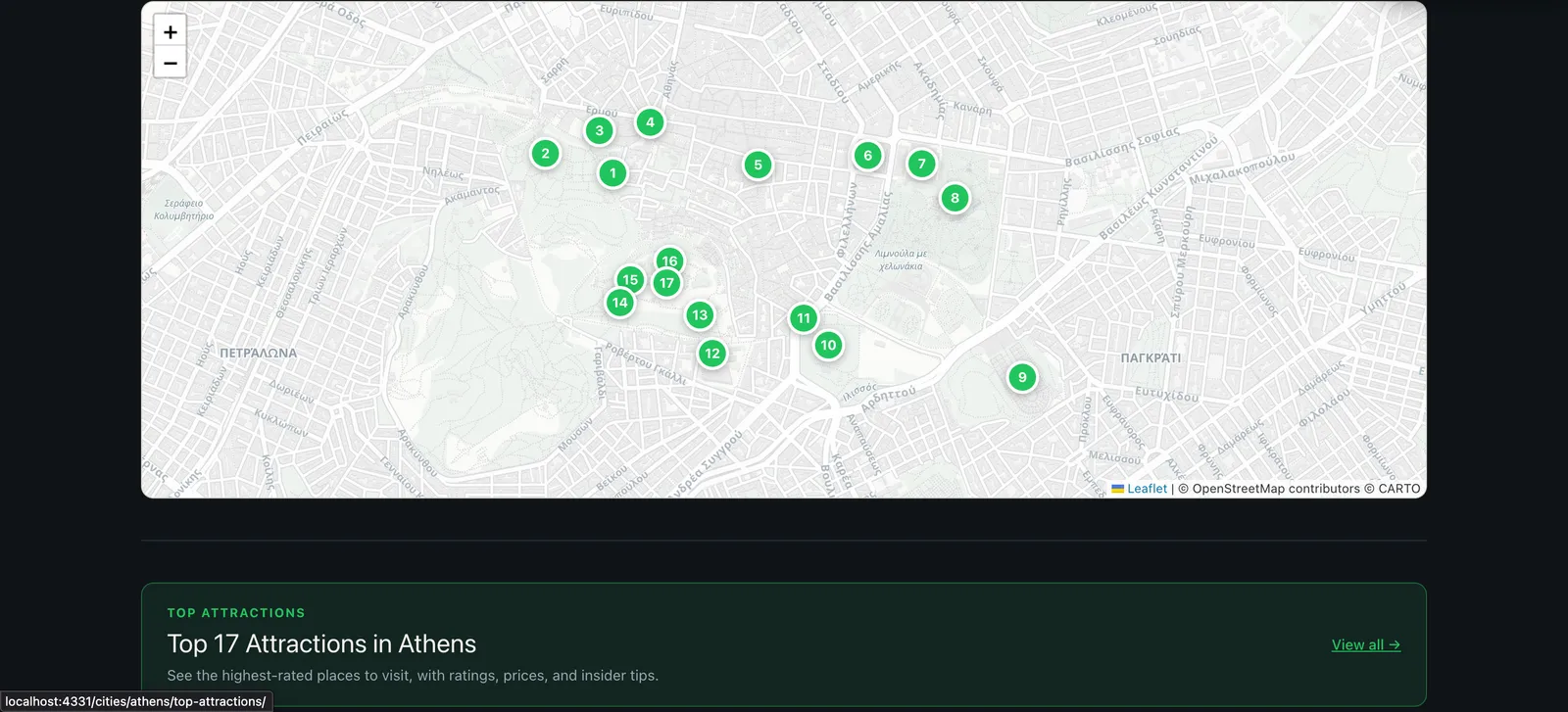 Promenario interactive Leaflet map of Athens showing numbered stops along the walking tour route
