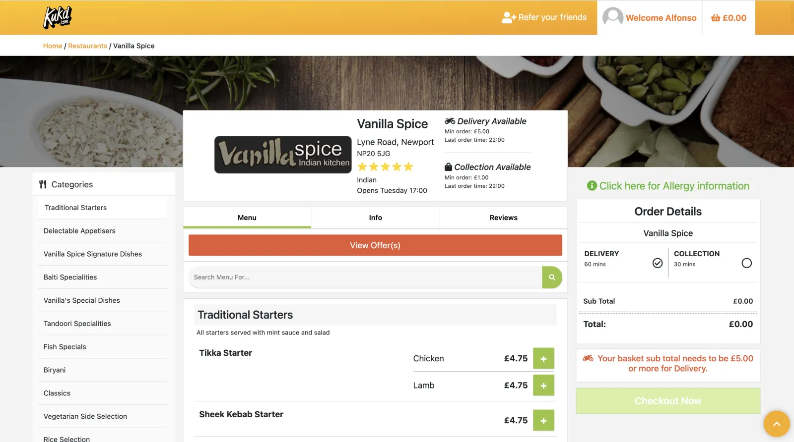 Kukd.com restaurant listing page with cuisine filters and delivery options