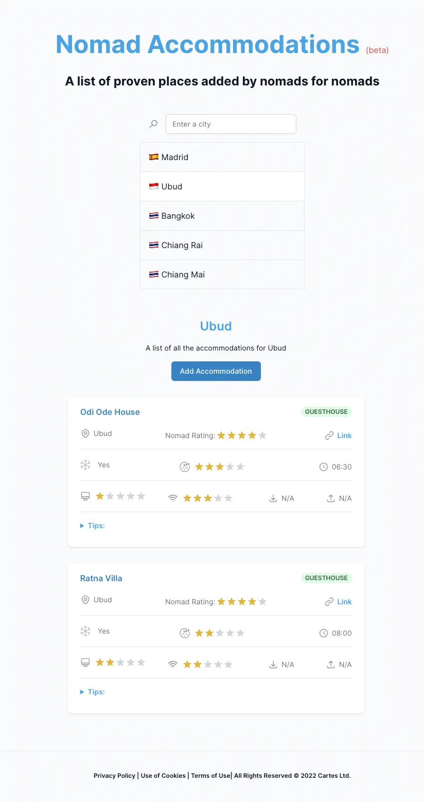 Nomad Accommodations web app accommodation detail page with booking information