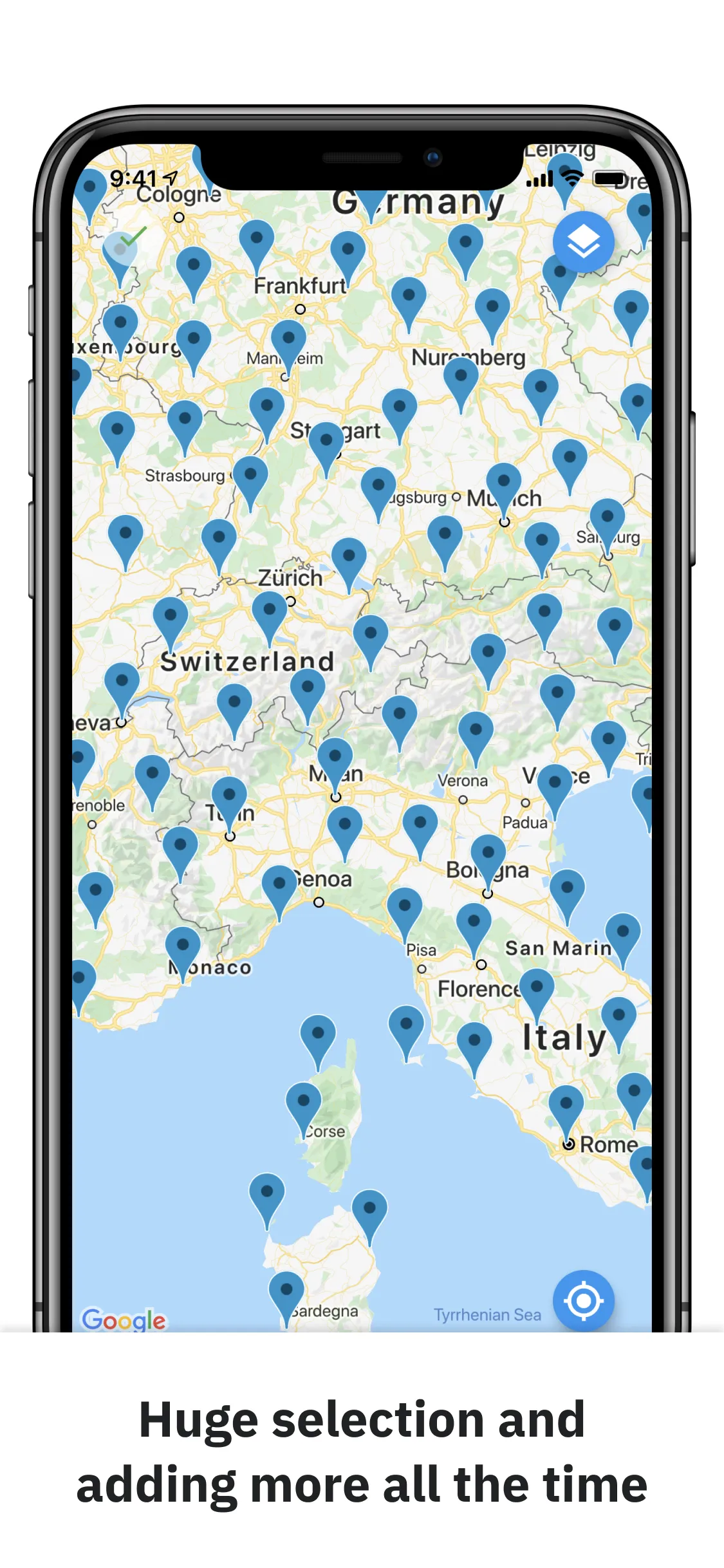 Overview Webcams v1 Flutter app map showing webcam locations worldwide