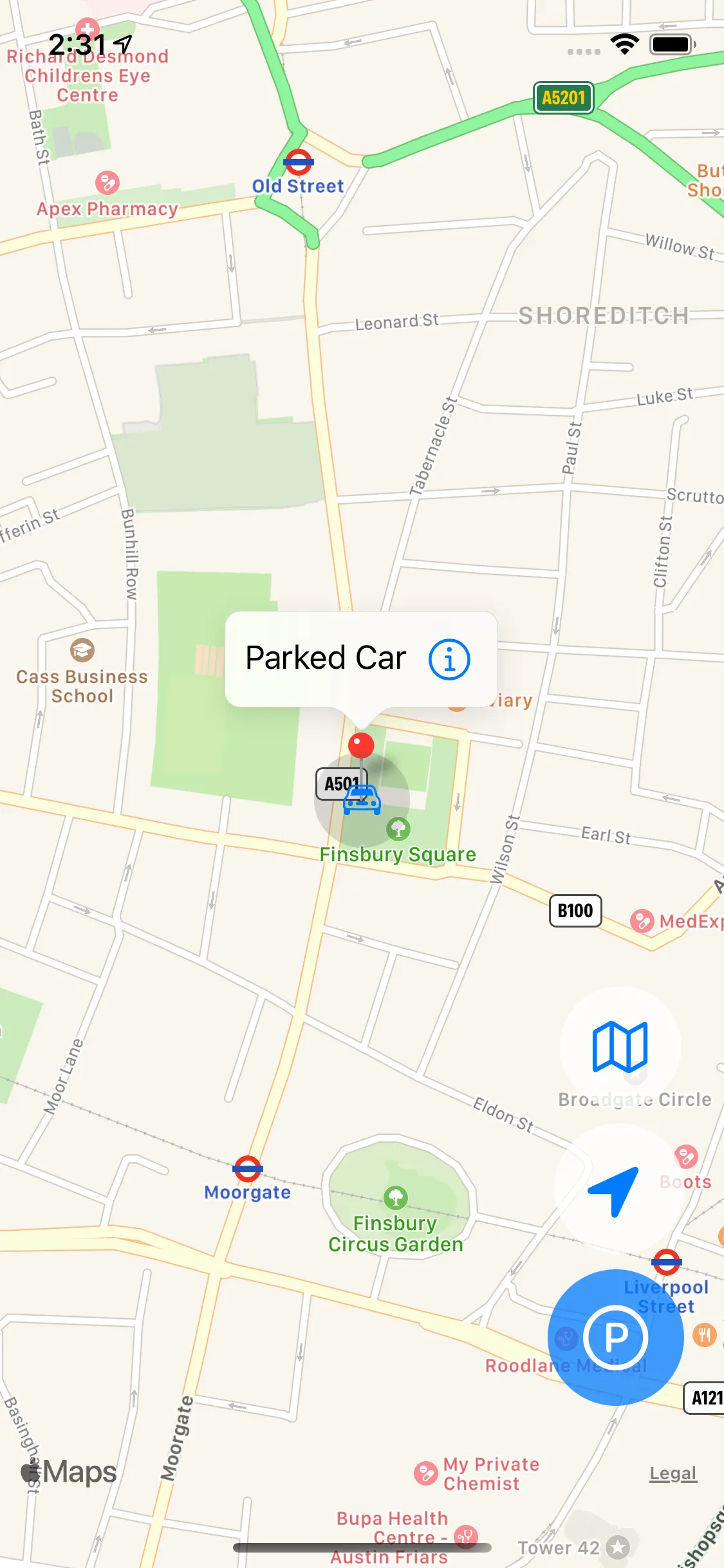 Remember The Car app showing saved parking location on map with photo